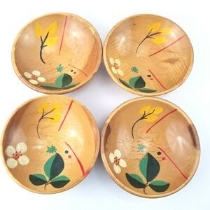 4 Vtg Vermont Hardwood Salad Serving Bowl Serving Fork & Spoon Handpainted BOHO